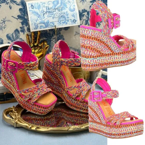 🆕 GIANNI BINI 🧿 NWOB Santi Woven Beaded Wedge Sandals, Rainbow Multi Sz US 6.5