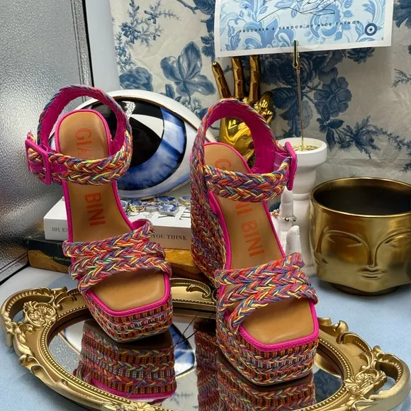 🆕 GIANNI BINI 🧿 NWOB Santi Woven Beaded Wedge Sandals, Rainbow Multi Sz US 6.5