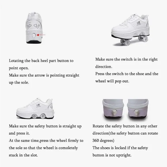 2-in-1 Roller Skates Shoes W/Retractable 4 Wheels &amp; Pop-Out Deformation Sneakers