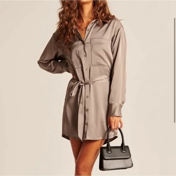 Abercrombie &amp; Fitch Satin Belted Button Up Long Sleeve‎ Shirt Mini Dress NWT LT