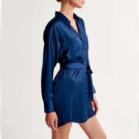 Abercrombie &amp; Fitch Satin Belted Button Up Long Sleeve‎ Shirt Mini Dress NWT LT