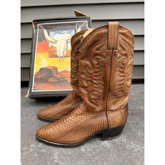 Abilene Python Snakeskin Leather Men's 10 D Cowboy Western Boots Brown Unique