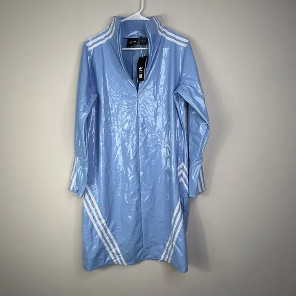 Adidas Ivy Park Womens Light Blue White Stripe Mini Latex Dress 2X 1/2 Zip NWT