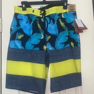 &gt;💙ERA BOARDSHORT SWIM SHORTS TRUNKS NEON YELLOW BLUE PLANTS STRIPES BRAND🆕VANS