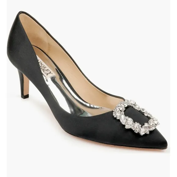 Badgley Mischka Black Satin Brooch Embellished Satin Pointed Heels 9.5