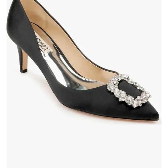 Badgley Mischka Black Satin Brooch Embellished Satin Pointed Heels 9.5