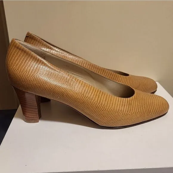 Bally Tan Snakeskin Pointy Toe Stacked Heel Pumps sz. 10 Ret.$298 Made in Italy