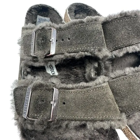 Birkenstock Brown Suede Arizona Buckled Slip On Shearling Lined Sandals Size 42