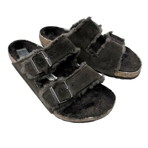 Birkenstock Brown Suede Arizona Buckled Slip On Shearling Lined Sandals Size 42