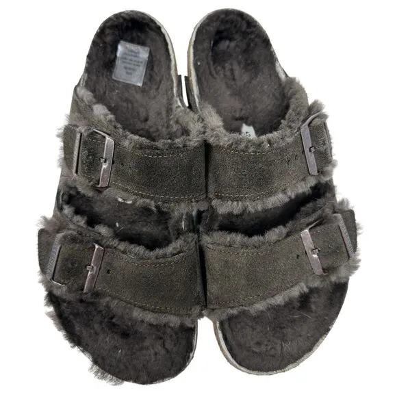 Birkenstock Brown Suede Arizona Buckled Slip On Shearling Lined Sandals Size 42