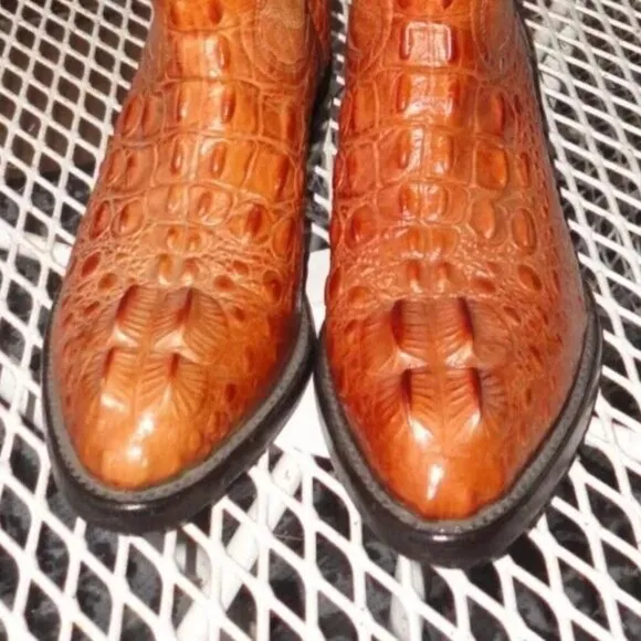 BOTAS CUEVAS Men Brown Caiman Print Western Leather Boots Size 25.5 (6.5) NWT!!