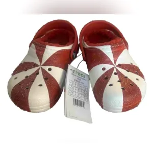 Candy Cane Lined Holiday Crocs Red &amp; White Classic Clog NEW Toddler/Child Sz 10