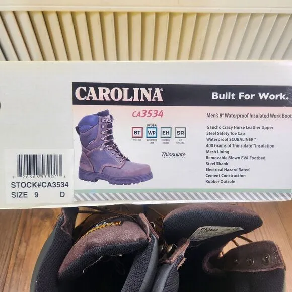 Carolina 8&quot; Waterproof Insulated Work Boots Mens Sz 9 D Brown Leather Steel Toe