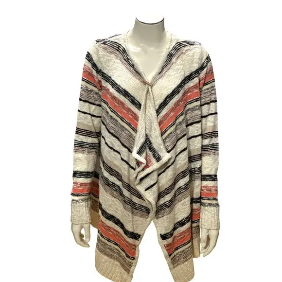 CCC Striped Open Front Cardigan Sweater Stripes Long Sleeves Asymmetric Size XL