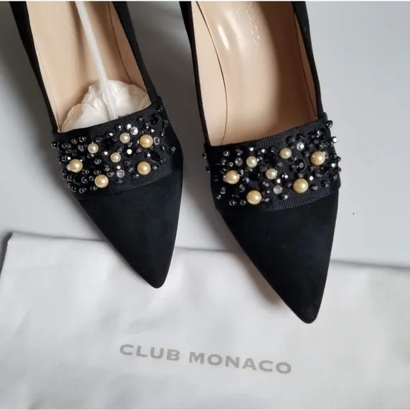 Club Monaco Harlow embellished beaded heel pump suede leather