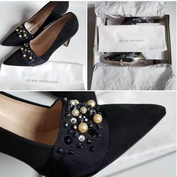 Club Monaco Harlow embellished beaded heel pump suede leather