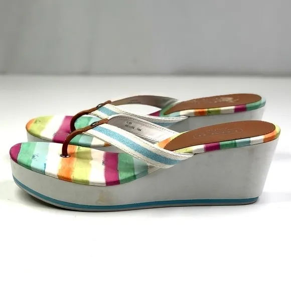 Coach Felicite wedge thong sandals stripes blue white 10