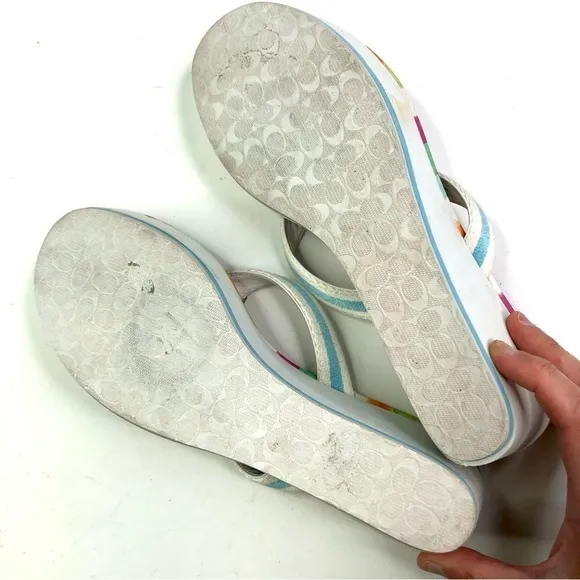 Coach Felicite wedge thong sandals stripes blue white 10