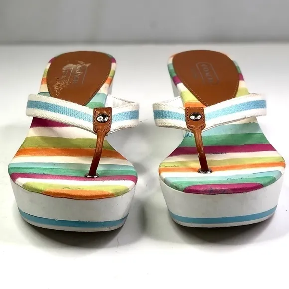 Coach Felicite wedge thong sandals stripes blue white 10