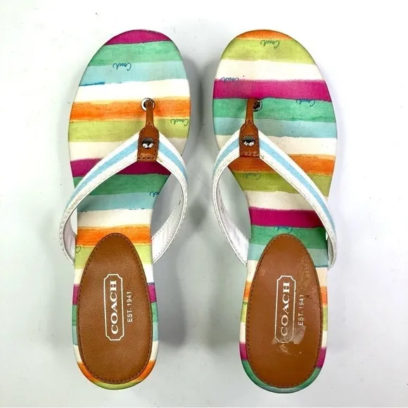 Coach Felicite wedge thong sandals stripes blue white 10