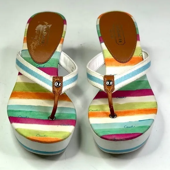Coach Felicite wedge thong sandals stripes blue white 10