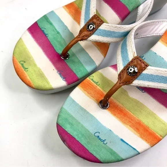 Coach Felicite wedge thong sandals stripes blue white 10
