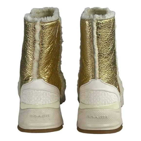 COACH PORTIA G3328 GOLD METALLIC SHEARLING WINTER RUBBER OUTSOLE BOOTIE BOOTS
