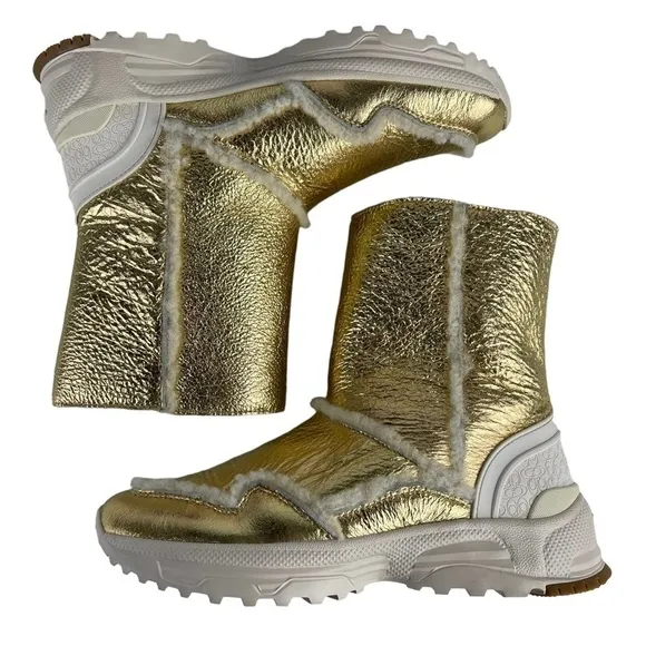 COACH PORTIA G3328 GOLD METALLIC SHEARLING WINTER RUBBER OUTSOLE BOOTIE BOOTS