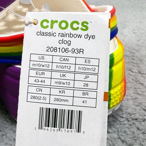 Crocs Classic Rainbow Dye Mens Size 10 Slip On Clogs Shoes Multicolor 208106-93R