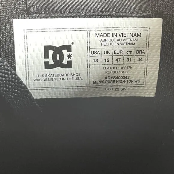 DC Pure High-Top Men’s Size 13 Black Gum Skateboard Sneakers Casual Shoe Lace Up