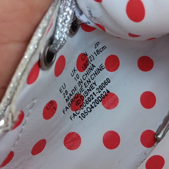 Disney Minnie Mouse Girls SILVER/RED POKA-DOT Sparkly Shiny Lace Sneakers Sz 11