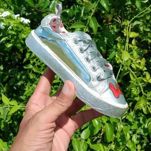 Disney Minnie Mouse Girls SILVER/RED POKA-DOT Sparkly Shiny Lace Sneakers Sz 11