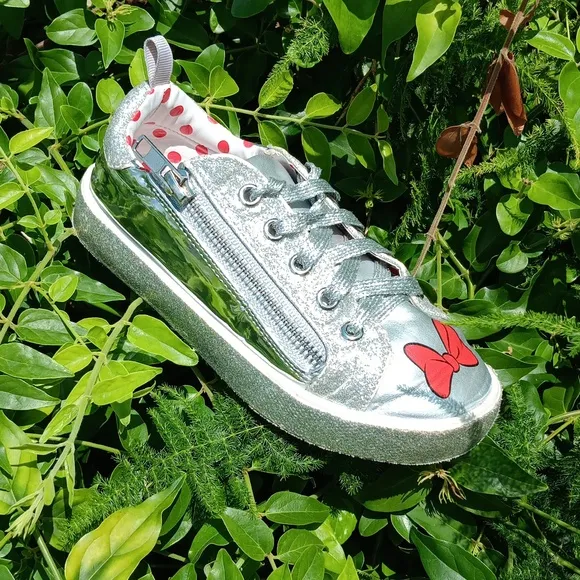 Disney Minnie Mouse Girls SILVER/RED POKA-DOT Sparkly Shiny Lace Sneakers Sz 11