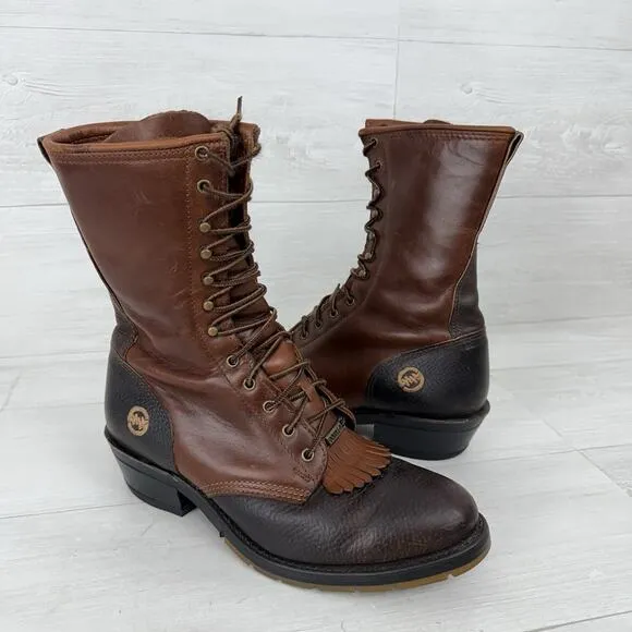 Double H 9625 Men Size 9 D Packer Lacer Logger Work Boots Leather Brown Western