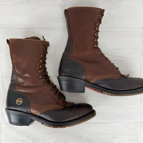 Double H 9625 Men Size 9 D Packer Lacer Logger Work Boots Leather Brown Western