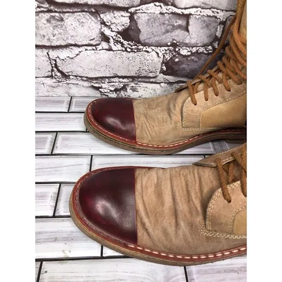 Dry-ShoD Italian Handmade Tan Leather Red Lace Up Combat Boots Men Sz 7M US/40EU