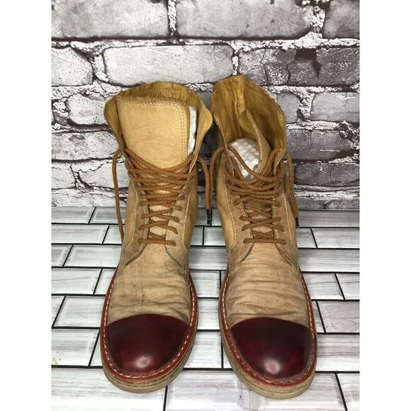 Dry-ShoD Italian Handmade Tan Leather Red Lace Up Combat Boots Men Sz 7M US/40EU
