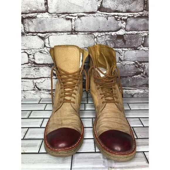 Dry-ShoD Italian Handmade Tan Leather Red Lace Up Combat Boots Men Sz 7M US/40EU
