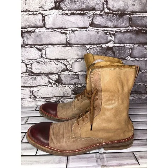 Dry-ShoD Italian Handmade Tan Leather Red Lace Up Combat Boots Men Sz 7M US/40EU