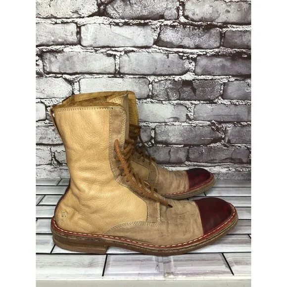 Dry-ShoD Italian Handmade Tan Leather Red Lace Up Combat Boots Men Sz 7M US/40EU