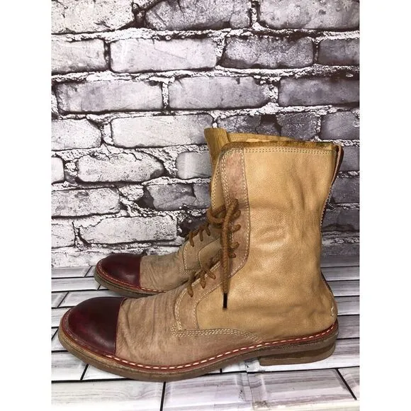 Dry-ShoD Italian Handmade Tan Leather Red Lace Up Combat Boots Men Sz 7M US/40EU