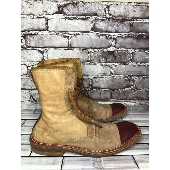 Dry-ShoD Italian Handmade Tan Leather Red Lace Up Combat Boots Men Sz 7M US/40EU