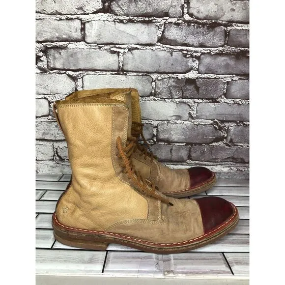 Dry-ShoD Italian Handmade Tan Leather Red Lace Up Combat Boots Men Sz 7M US/40EU