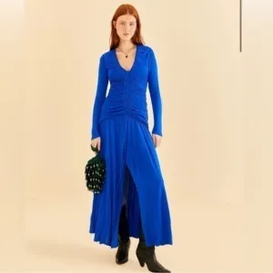 Farm Rio Bright Blue Long Sleeve Midi Dress