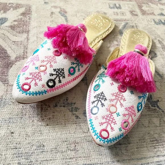 Figue Audrey Joanna Embroidered Tassel Mules Size 7