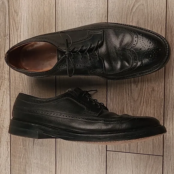 FLORSHEIM Imperial Black Leather Long Wing Tip Sz 11 B‎ Mens Dress Shoes VTG
