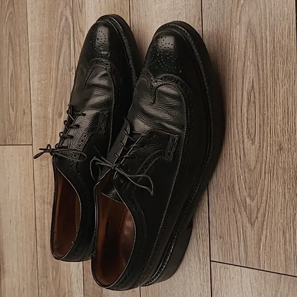 FLORSHEIM Imperial Black Leather Long Wing Tip Sz 11 B‎ Mens Dress Shoes VTG