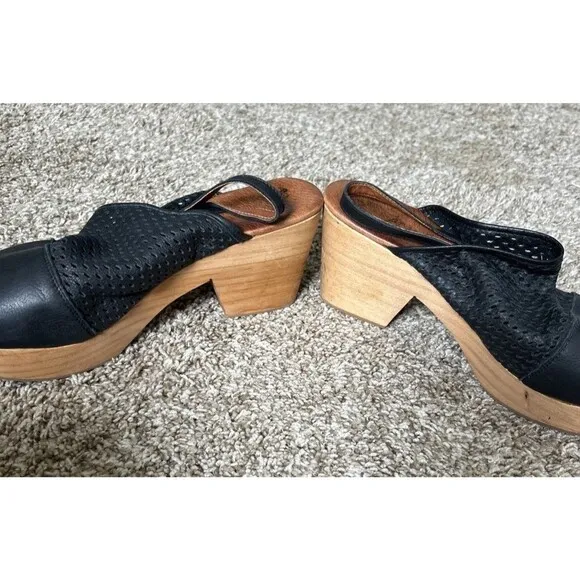 Free People Clog Shoes Women's Black Leather Wooden Boho Size EUR 41 US 9.5