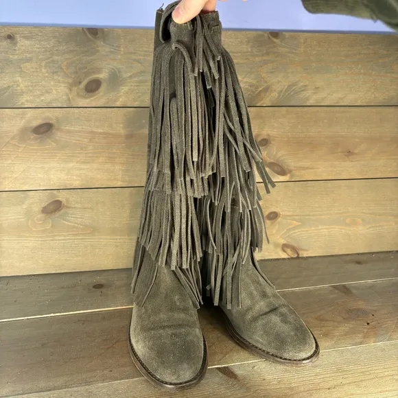 free people madge womens size 7 shoes gray suede knee high fringe boots