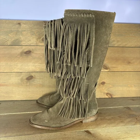 free people madge womens size 7 shoes gray suede knee high fringe boots